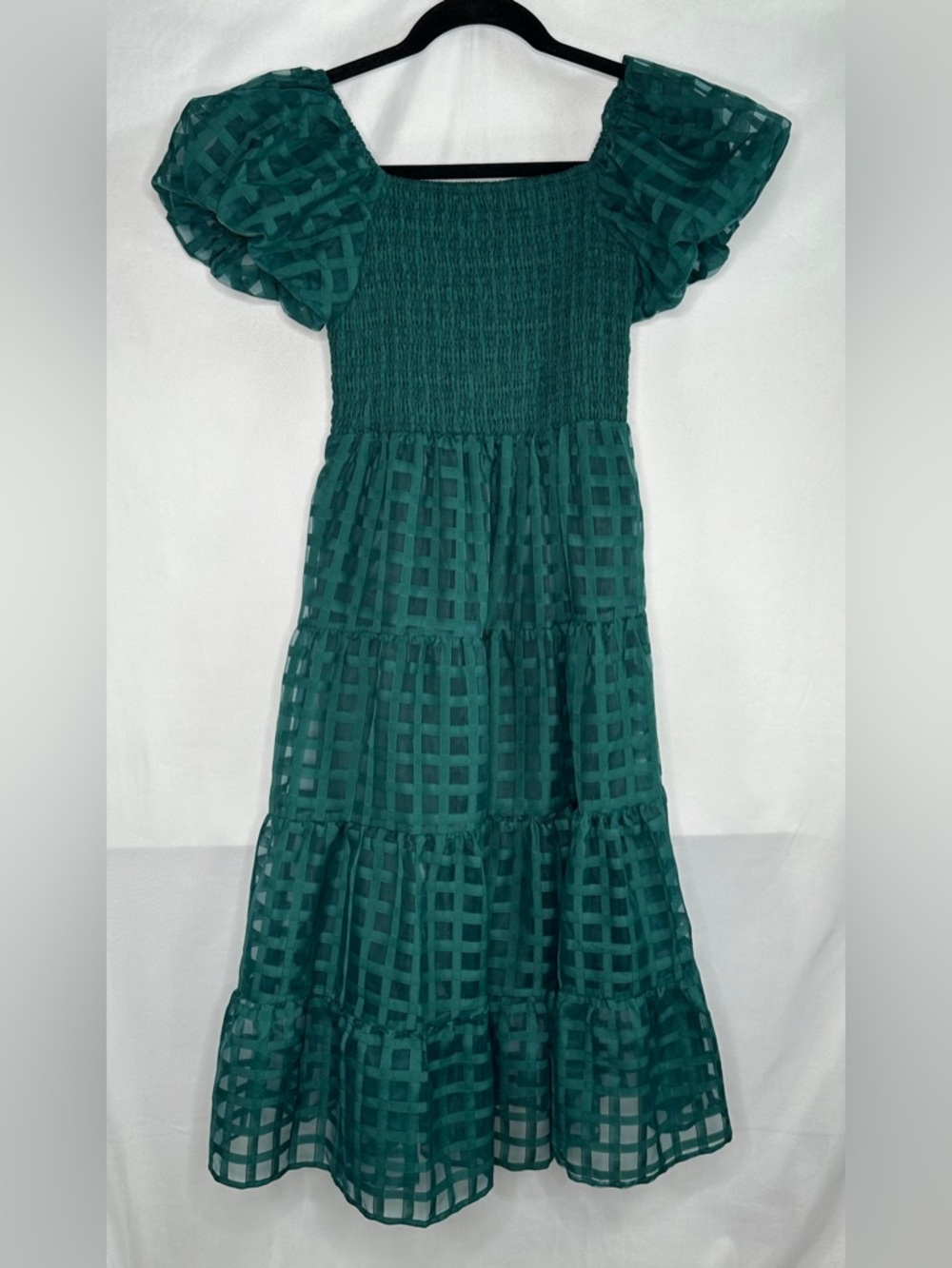 Girls Emerald Green Smocked Maxi Dress with Puff Sleeves